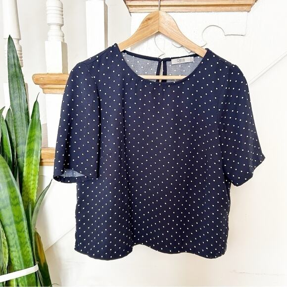 Dalia Navy Blue White Polka-Dot Short Sleeve Round Neck Pullover Top Blouse Sz S - Picture 1 of 4